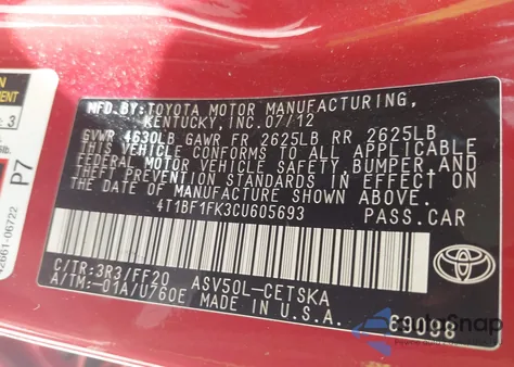 2012 Toyota Camry Se from USA, damaged, VIN 4T1BF1FK3CU605693